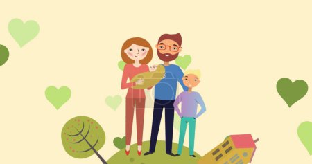 Téléchargez les photos : Image de parents caucasiens avec bébé sur fond jaune avec des cœurs. Concept de famille et d'adoption image générée numériquement. - en image libre de droit