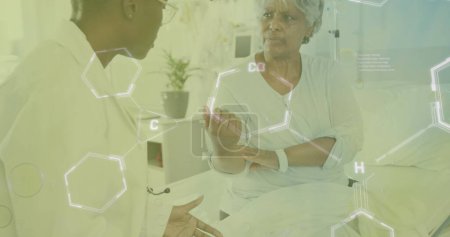 Photo for Image of chemical formula over diverse senior female patient and doctor talking. Medicine, health and digital interface concept, digitally generated image. - Royalty Free Image