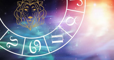 Photo for Composition of leo star sign symbol in spinning zodiac wheel over glowing stars. horoscope and zodiac sign concept digitally generated image. - Royalty Free Image