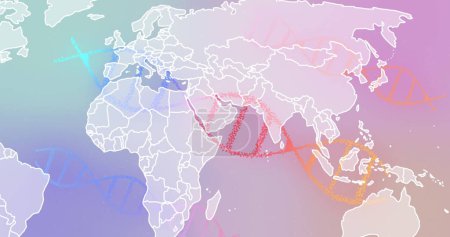 Image de brins d'ADN tournant sur la carte du monde. concept global de science, de recherche et de traitement des données image générée numériquement.