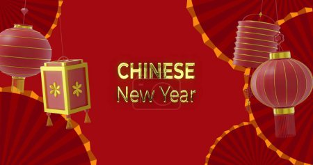 Téléchargez les photos : Image du Nouvel An chinois ext sur des lanternes et motif chinois sur fond rouge. Nouvel an chinois, fête, célébration et concept de tradition image générée numériquement. - en image libre de droit