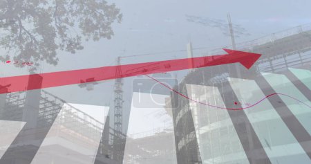 Image of financial data processing and statistics with red arrow over cityscape. Business, finance and data processing concept digitally generated image.