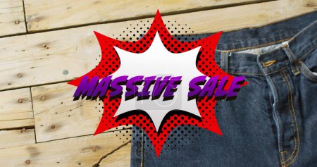 Photo for Image of retro massive sale text over denim trousers background. Sales, retail, shopping, digital interface, communication, computing and data processing concept digitally generated image. - Royalty Free Image