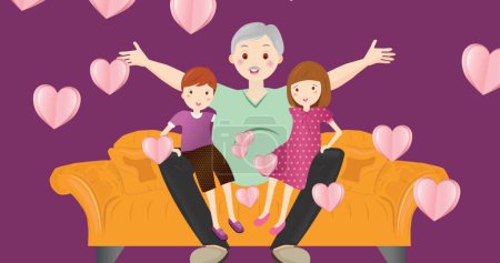 Image of grandmother with grandchildren over purple background with hearts. Family and adoption concept digitally generated image.