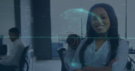 Photo for Image of financial data and globe over happy african american businesswoman. global business, finance, technology and data processing concept digitally generated image. - Royalty Free Image