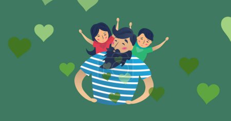 Photo for Image of caucasian father with daughter and son over green background with hearts. Family and adoption concept digitally generated image. - Royalty Free Image
