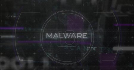 Bild des Malware-Textes im Kreis mit Binärcodes, Leiterplattenstruktur auf schwarzem Hintergrund. Digital generiert, Hologramm, Virus, Codierung, Programmiersprache und Technologiekonzept.