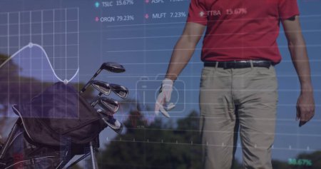 Image of data processing over caucasian male golf player. Global sport and digital interface concept digitally generated image.