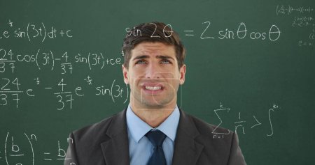 Photo for Digital composite of a Caucasian male student looking confused while mathematical equations with figures move in the screen image for back to school. 4k - Royalty Free Image