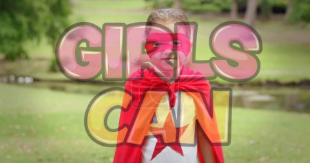 Image of girls can text over superhero girl. female power, feminism and gender equality concept digitally generated image.