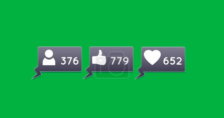 Photo for Image of Follow, like and heart button increasing in numbers with green background 4k - Royalty Free Image