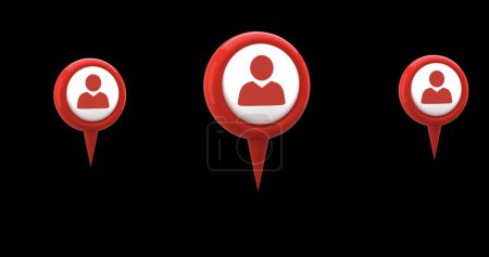 Foto de Imagen digital de pines de mapa rojos con icono de perfil en el centro flotando contra la pantalla negra 4k - Imagen libre de derechos