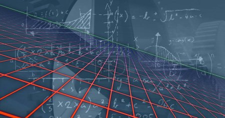 Imagen de fórmulas de espacio digital, turbina y matemáticas sobre fondo azul. Matemáticas, geometría, educación, números, espacio digital y concepto tecnológico imagen generada digitalmente.
