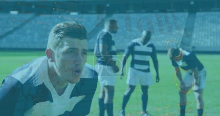 Téléchargez les photos : Image de statistiques et de traitement de données sur divers joueurs de rugby. Concept mondial de sport, de traitement des données et de compétition image générée numériquement. - en image libre de droit