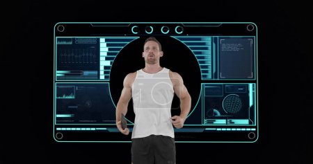 Image of male discus thrower with scope scanning and data processing. global sport, competition, technology, data processing and digital interface concept digitally generated image.