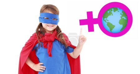 Image of globe on female symbol over superhero girl. female power, feminism and gender equality concept digitally generated image.
