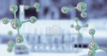 Photo for Image of micro of molecules models and laboratory beakers over white background. Global science, research and connections concept digitally generated image. - Royalty Free Image