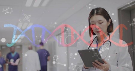 Téléchargez les photos : Image de brin d'ADN et de molécules sur un médecin asiatique utilisant une tablette à l'hôpital. Concept de services médicaux et de santé image générée numériquement. - en image libre de droit