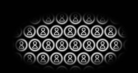 Photo for Image of people vector icons that are stationary and those that move to the left; all icons move downward, then upward in an oval peek view with black background 4k - Royalty Free Image