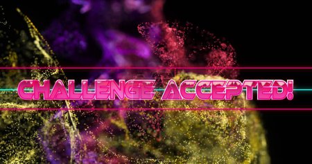 Image of challenge accepted text over purple and golden digital waves on black background. image game interface technology concept