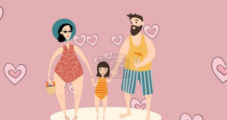 Téléchargez les photos : Image de parents caucasiens avec fille en tenue de plage sur fond rose avec des cœurs. Concept de famille et d'adoption image générée numériquement. - en image libre de droit