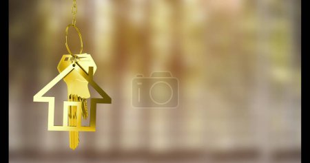 Téléchargez les photos : Image of keys with house keychain over blurred background. Moving house and digital interface concept digitally generated image. - en image libre de droit