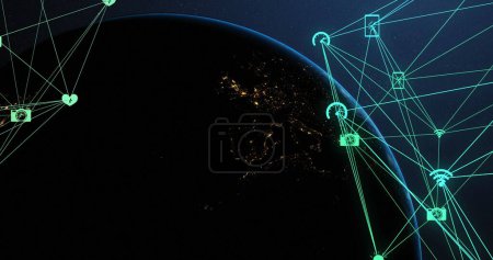 Photo for Image of network of connections data processing over globe. Global business, finances, computing and data processing concept digitally generated image. - Royalty Free Image
