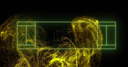 Photo for Image of sports court line markings over yellow particle cloud on black background. Sport, competition, network, digital interface and connection, digitally generated image. - Royalty Free Image