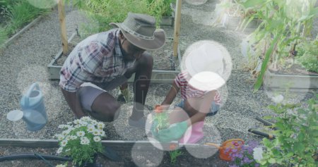 Foto de Imagen de luces azules sobre el hombre y la niña birraciales que trabajan en el jardín. Imagen generada digitalmente de la semana del jardín comunitario. - Imagen libre de derechos