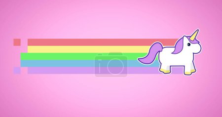 Foto de Imagen digital del unicornio moviéndose a través de la pantalla dejando atrás el arco iris. El fondo es rosa 4k - Imagen libre de derechos