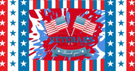 Photo for Image of veterans day thank you text with american flags, over stars and stripes patterns. patriotism, independence and celebration concept digitally generated image. - Royalty Free Image