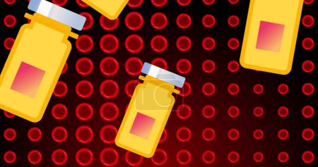 Téléchargez les photos : Image de pilules jaunes sur des globules rouges sur fond noir. Biologie humaine, anatomie et concept corporel image générée numériquement. - en image libre de droit