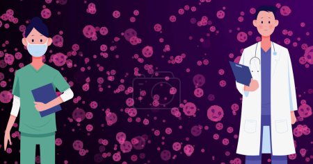 Téléchargez les photos : Image de médecins caucasiens sur des cellules roses sur fond violet. Concept de biologie humaine, d'anatomie et de médecine image générée numériquement. - en image libre de droit