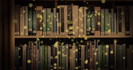 Photo for Image of glowing spots over books on shelf. international literacy day and reading concept digitally generated image. - Royalty Free Image