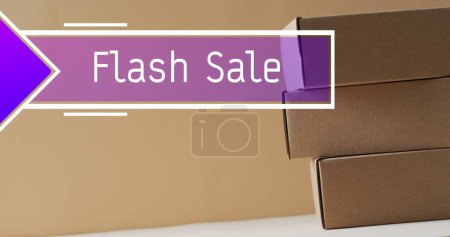 Image of flash sale text over gift boxes. Sales, retail, cyber shopping, digital interface, communication, computing and data processing concept digitally generated image.