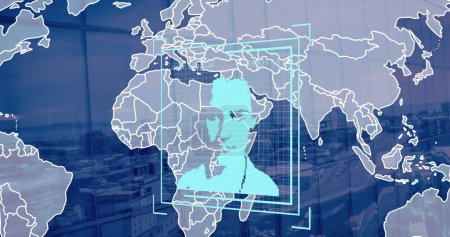 Imagen de las células cóvidas sobre el mapa del mundo y el hombre con máscara facial. Red global y concepto de tecnología empresarial.