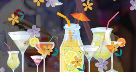 Foto de Imagen de flores e iconos de bebidas sobre bebidas. celebración y concepto de interfaz digital imagen generada digitalmente. - Imagen libre de derechos