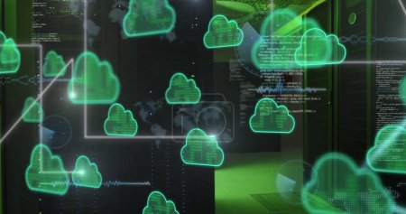 Image of cloud icons and data processing over computer servers. Global connections, digital interface, data processing and computing concept digitally generated image.
