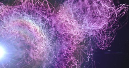 Bild der Explosion von violetten Lichtspuren und glühenden Scheinwerfern. Farb- und Bewegungskonzept digital generiertes Bild.