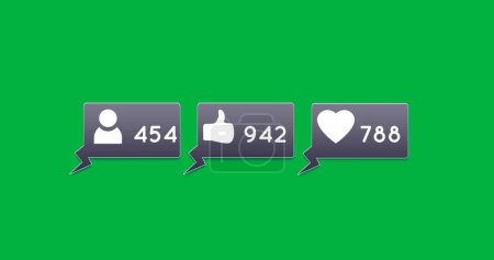 Image of Follow, like and heart button increasing in numbers with green background 