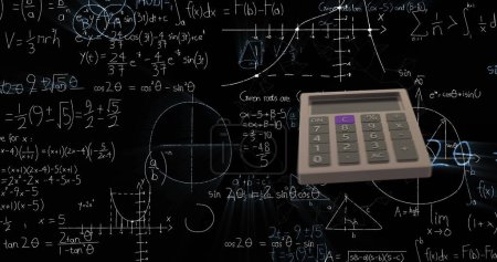 Image of calculator moving and mathematical equations on black background. Education, digital interface and school concept, digitally generated image. 