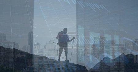 Image of financial data processing over caucasian male hiker and cityscape. Global business, finances and digital interface concept digitally generated image.