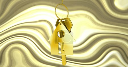 Photo for Image of golden key and house over moving golden background. Abstract background and pattern concept digitally generated image. - Royalty Free Image