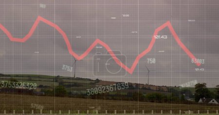 Photo for Image of financial data processing over wind turbines on field. Global finances, energy and environment concept digitally generated image. - Royalty Free Image