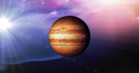 Bild eines braunen Planeten im rosa und blauen Raum mit Sternen. Planeten, Kosmos und Universalkonzept digital generiertes Bild.