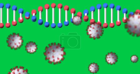 Photo for Image of falling cells and dna strand on green background. Global covid 19 pandemic concept digital generated image. - Royalty Free Image