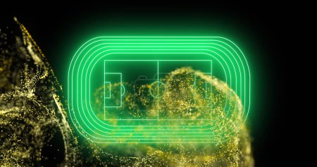Foto de Imagen de onda digital amarilla sobre diseño de campo de fútbol verde neón sobre fondo negro. Concepto de deportes y tecnología - Imagen libre de derechos