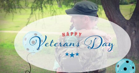 Photo for Composition of happy veterans day text and balloons, over soldier father embracing daughter. patriotism, independence, military and celebration concept digitally generated image. - Royalty Free Image