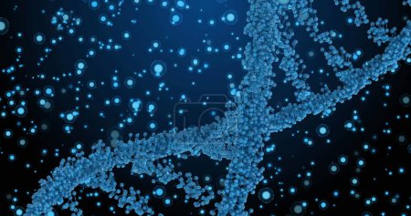 Foto de Imagen de ADN sobre puntos azules sobre fondo marino. Biología humana, anatomía y concepto corporal imagen generada digitalmente. - Imagen libre de derechos