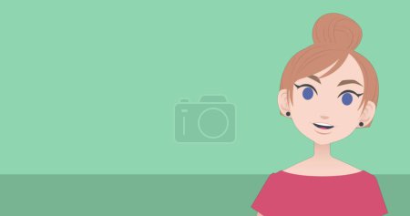 Photo for Image of caucasian woman talking and pointing icon on green background with copy space. Icons and background concept digitally generated image. - Royalty Free Image